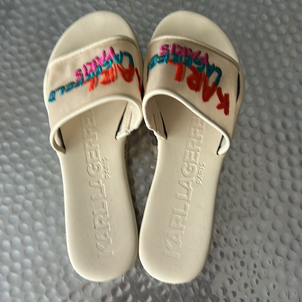 Karl Lagerfeld Cream Slides with Colorful Embroidery - Picture 3 of 6